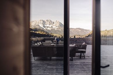 Large sun terrace with views of the mountains